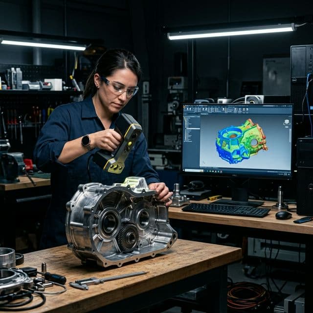 Engineer scanning industrial component for reverse engineering
